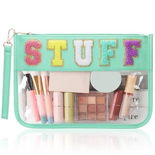 BuyCard Clear Stuff Bag for Travel, Preppy Chenille Letter Embroidered Zipper Pouch, Waterproof PVC & PU Leather Clear Cosmetic Bag, Toiletry Makeup Bag for Women Girls Mint Green - color: Green-Stuff
