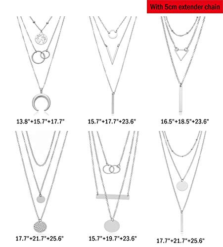 6 Pieces Layered Necklaces For Women Long Necklaces Gold Choker Necklaces Map Coin Bar Crescent Moon Necklace Layered Y Pendant Necklace Multilayer - color: sliver