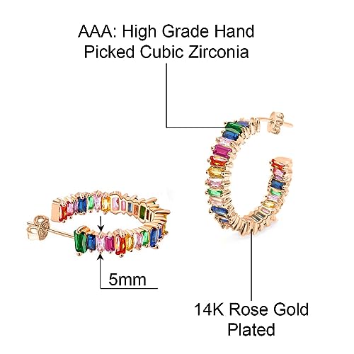 Savlano 14K Gold Plated Cubic Zirconia Multicolor Rainbow Round Hoop Stud Earrings for Women Comes with a Gift Box - color: Rose Gold