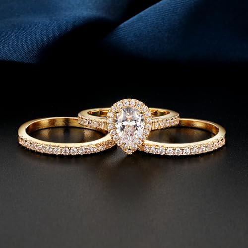 MDFUN Three in One Round/Oval/Eye/Teardrop Halo Wedding Bands Set Engagement Rings 18K Yellow Gold Plated Cubic Zirconia Promise Eternity Band for Women Size 5-10 - style: Teardrop