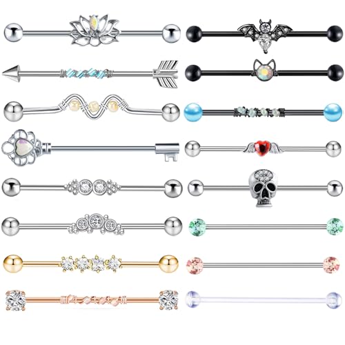 Suotarn 14G Industrial Piercing Jewelry For Women Men Stainless Steel 38 Industrial Barbell Long Cartilage Helix Conch Earrings Stud 14G Gauges Industrial Jewelry Butterfly Heart Cool 7-18pcs - color: set #2