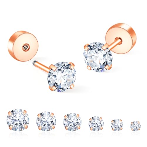 Flat Back Stud Earrings for Women - Hypoallergenic Surgical Steel Earrings with CZ Stones - 6 Pairs (18-20G) - color: Rose G, size: 18 G