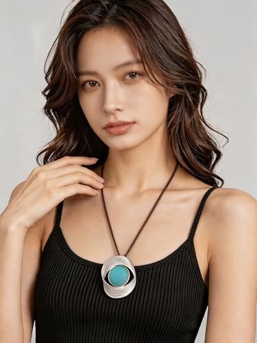 Kelake Leather Necklace for Women Men Teen Vinatge Boho Alloy Pendant Choker Jewelry Fashion Sweater Necklaces with Adjustable Genuine Leather Chain - color: Blue Turquoise Silver Swirl Pendant
