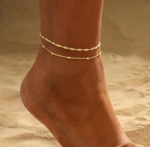 2/3 PCS Gold Anklets for Women Waterproof Cuban Link Anklet Beaded Bracelets Stackable Bracelets 14K Gold Plated Custom Jewelry Gifts Non Tarnish Lightweight - style: Gold Anklet 03