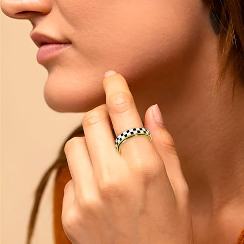 AmorArtSky Checkered Fidget Ring for Adults - 18K Gold Plated Stainless Steel Rotating Spinner Jewelry, Anxiety & Stress Relief Gift for Women/Men (Black and White Pattern) - color: Checkerboard Ring_Gold