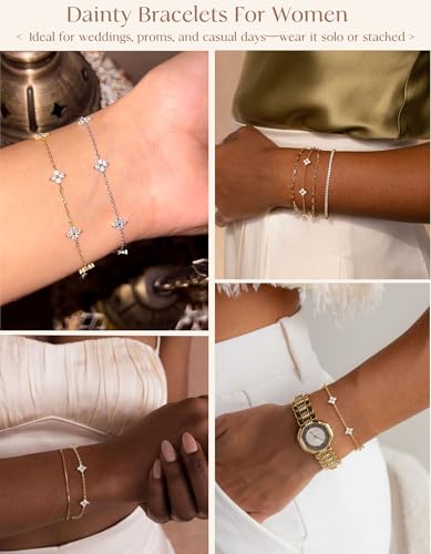 Dainty Silver Gold Bracelets for Women Trendy Non Tarnish 14K Gold Plated Cute Clover Bracelet Stackable Daisy Cubic Zirconia Diamond Charm Bracelet Stack Waterproof Jewelry Gifts - color: A- Clover Bracelet- Gold