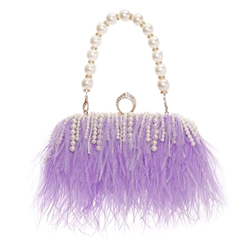 Women Real Natural Ostrich Feather Evening Bags Purses Clutch Vintage Banquet Handbag - color: Purple With Pearl