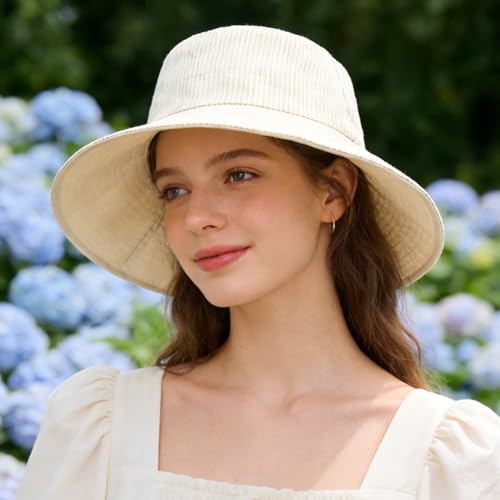 Women's Summer Sun Hat - Reversible Design with Striped Lining Adjustable Brim for Travel and Outings Cap - color: Stripes-beige