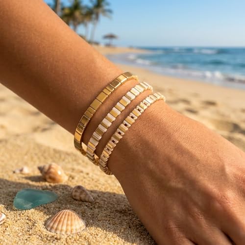Tila Flat Square Stack Beaded Bracelets Set for Women Men, Boho 3Pcs Romantic Handmade Healing Gold Colorful Stretch Accessories Jewelry, Daily Vacation Party Holiday Friendship Gift - color: Different Gold