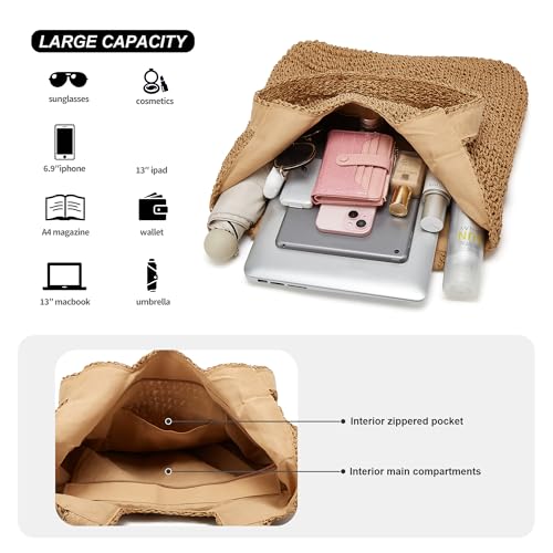 Crochet Beach Bags for Women Woven Purses Shoulder Bag Tote Handbag Summer Beach Purse - color: Wy11-brown