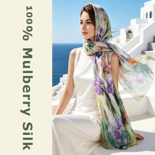 100% Mulberry Silk Women's Neck Silk Scarf-Lightweight Shawl,FLoral Print Beach Silk Wrap-Scarves for Photography - color: Purple Iris