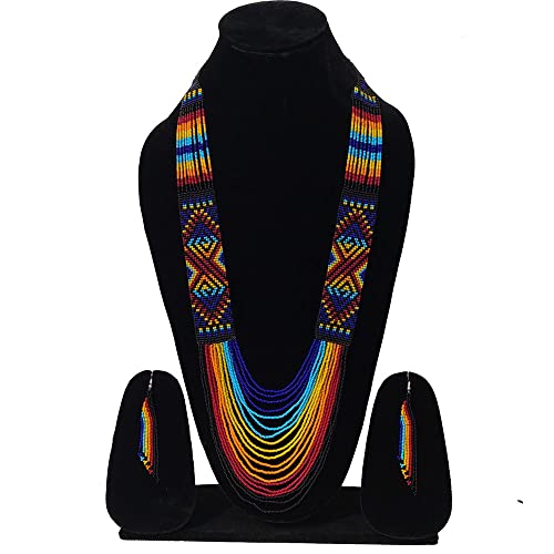 Handmade Native American Style Tribal ethnic Seed Bead Beaded Layered Medallion Necklace #1 - color: Blue Multi