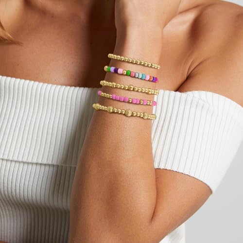 VIBILIA Gold Beaded Bracelets Set for Women 14K Gold Plated Dainty Pearl Cross Bracelet Stack Stretch Bracelet Set Fashion Accessories Gifts - color: 5P-MZ-Color