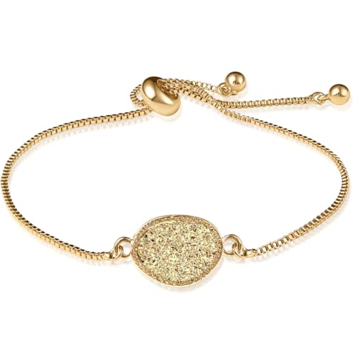 Humble Chic NY Simulated Druzy Chain Bracelet for Women - Boho Stackable Adjustable Bolo Slider Bracelet - color: Gold - Gold Stone