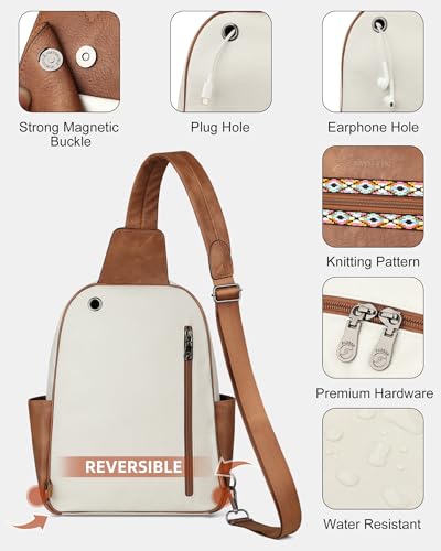 FADEON Large Sling Bag for Women, Leather Crossbody Purse Designer Anti Theft Sling Backpack, RFID Fanny Packs for Travel - color: Beige Brown