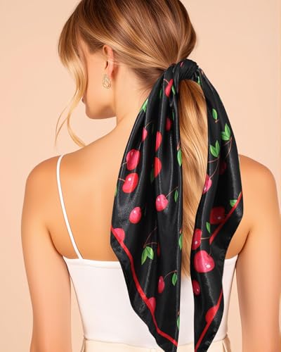 AWAYTR 35” Square Satin Head Scarf Hair Scarf for Women's Hair Silk Bandana for Women Silk Head Wrap for Sleeping - color: Cherry Black
