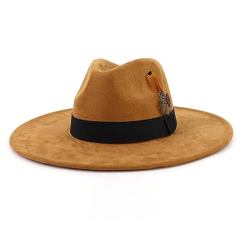 LIDHAY Big Wide Brim Fedora Hats for Women Men Western Suede Hat Panama Hat Outdoor Hats - color: Khaki