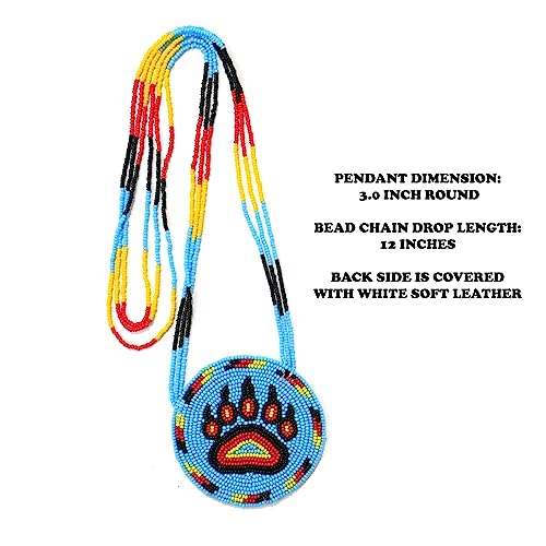Handmade Native American Style Tribal ethnic Seed Bead Beaded Layered Medallion Necklace #1 - color: Bear Paw Skyblue