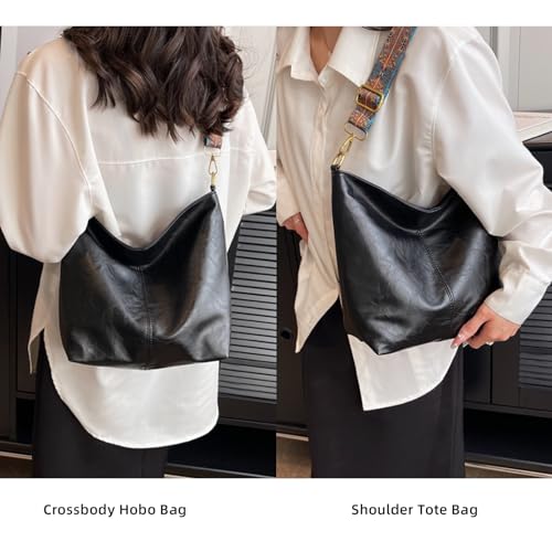 Hobo Bags for Women Crossbody Bag Guitar Strap Purse Vegan Leather Shoulder Handbags Boho Purses Tote Bucket Bag - color: Black