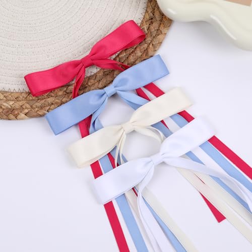 WORTL Hair Bows Clips Coquette Ribbon Bowknot with Long Tail Princess Hair Bows French Barrettes Hair Accessories for Women Girls 16PCS (Rose red, Cream,White, Blue) - color: Rose red,white， Cream, Blue
