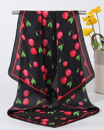 AWAYTR 27.5” Square Satin Head Scarf Hair Scarf for Women's Hair Silk Bandana for Women Silk Head Wrap for Sleeping - color: Black+cherry