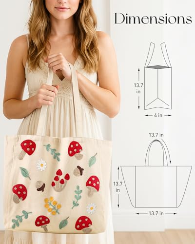 Miss Adola Embroidery Tote Bag with Pocket & Buckle - Reusable Canvas Tote for Women Cute Aesthetic Work Shopping Grocery Bag - style: Shiitake