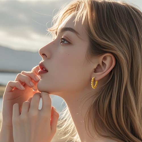 Stainless Steel Hoop Earrings for Women Gold Tone Geometric, Huggie Heart Twisted Minimalist Engraved Designs for Daily Wear - color: Gold_15mm*16mm