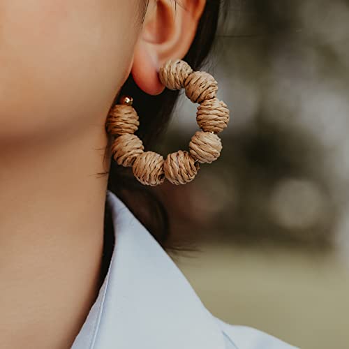 Raffia Hoop Earrings Statement Boho Beaded Earrings Cute Rattan Handmade Colorful Jewelry for Women Unique Summer Outfits - color: Wheat