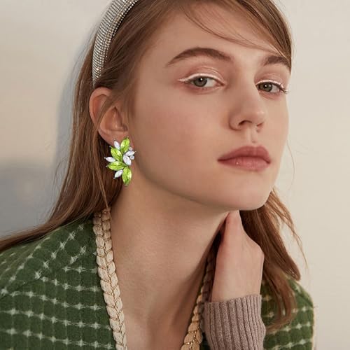 Bohemian Statement Sparkly Colourful Fancy Rhinestone Crystal Flower Dangle Drop Stud Earrings Vintage Wedding Bridal Prom Earrings for Women - color: White Green