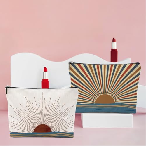2PCS Boho Makeup Bag, Boho Gifts for Women, Sunlight Rays Natural Linen Zipper Pouch Best Gifts for Girls Sister Travel Sunshine Cosmetic Bag - color: Multicolor 0083