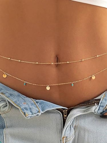 MODRSA Gold Body Chain Jewelry for Women Back Necklace for Backless Dress Backdrop Pearl Rhinestone Belly Chain Waist Chains Bra Chains Lingerie Summer Bikini Bodychain Trendy Sexy Stomach Jewelry - color: C2- Waist chain - blue beads gold