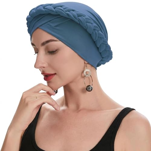 ZLYC Chemo Headwear for Women Pre Tied Turban Headwear Lightweight Beanie Hat - color: Braid Haze Blue