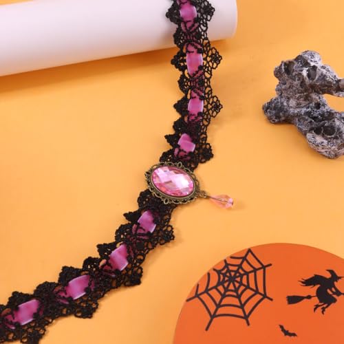 Gothic Vampire Choker Necklace for Women Adjustable Vintage Victorian Mystery Pirate Witchy Jewelry Emo Punk Black Lace Choker Costume - color: pink