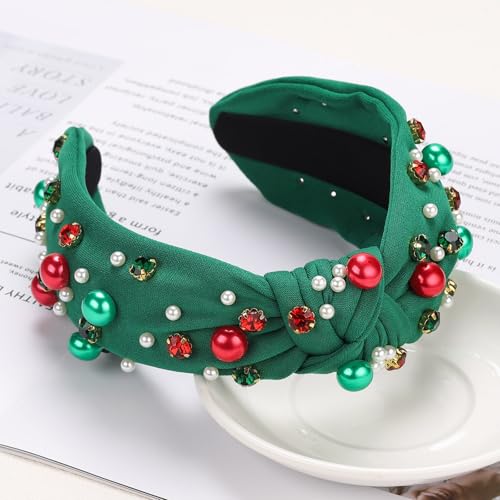 WantGor Pearl Knotted Headband, Women Rhinestone Embellished Hairband Elegant Wide Top Knot Bride Headbands Headpieces Party Fashion Elegant Ladies Hair Band Hair Hoop Accessories (Christmas Green) - color: Christmas Green