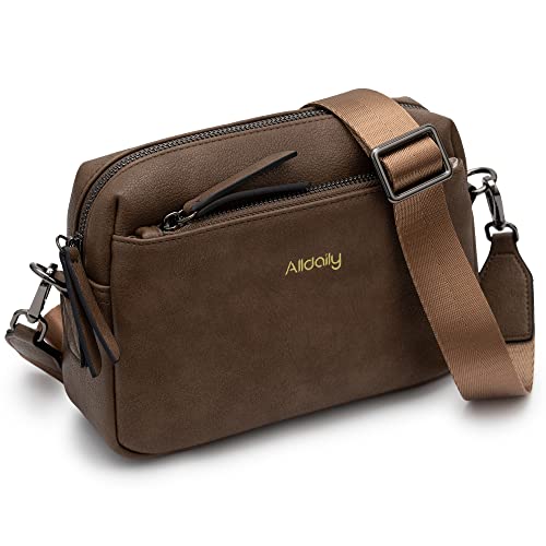 Alldaily Small Triple Zip Crossbody Purse for Women, Vegan Leather Phone Bag with Wide Shoulder Strap - color: Chocolate