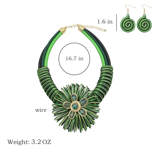 Statement African Necklace For Women African Jewelry Costume Earring Sets Tribal Fashion Colorful Big Rhinestone Crystal Pendent Collar Choker Bold Chunky Bib Handmade - color: Flower green