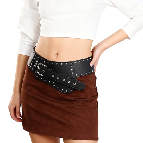 MILAKOO Vintage Punk Leather Waist Belt for Women 80s Goth Costume Cinch Belts Ladies Western Belt for Jean - color: E1: Black