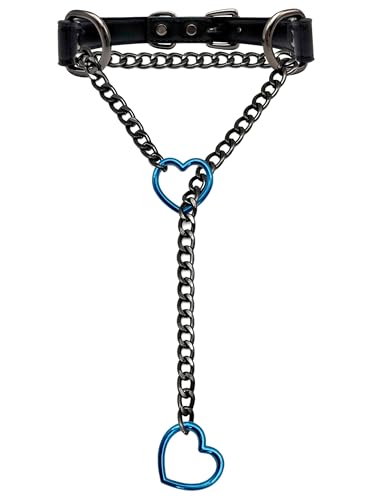 Black Leather Choker Collar For Women, Handmade Heart Slip Chain Choker Long Necklace with Adjustable Buckle - color: B-Black-Black-Blue, size: 18''chain