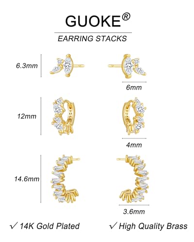 3 Pairs Small Earring Stacks, 14K Gold/Silver/Black/Rose Gold Plated Pearl Heart Butterfly Star Diamond Charm Drop Huggie Earrings Trendy Jewelry Gift for Women - color: Gold-Geometric