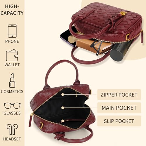 Women's Handmade Woven Top-handle Bag Fashion Leather Shoulder Handbag Crossbody Purse Woven Purse for Women - color: Burgundy