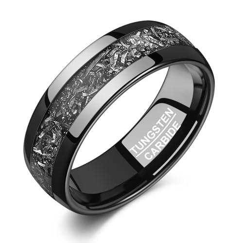 Vakki Personalized Black Tungsten Ring for Men Women Wedding Band Meteorite Inlay Custom Engraved Engagement Ring Polished Domed Comfort Fit Size 7-12 - color: A-Black