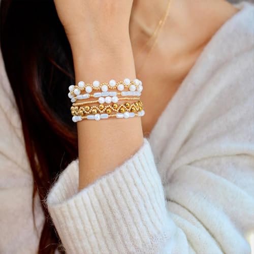Dainty Gold Plated Pearl Crystal Beaded Bracelets Set for Women 14K Gold Plated Bead Pearl Beads Bracelet Stackable Paperclip Link Chain Bracelets Gold Plated Bracelets for Women Trendy Jewelry - color: Style5-2 White