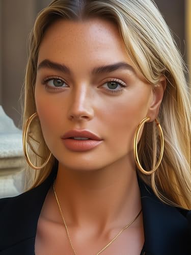 Stainless Steel Chunky Hoop Earrings For Women, Minimalist and Chic, Black/Gold Plated, Round Hoops Earrings Hypoallergenic, Size: 30mm/40mm/60mm/80mm, Come with Box - color: 1. Gold, size: 80MM