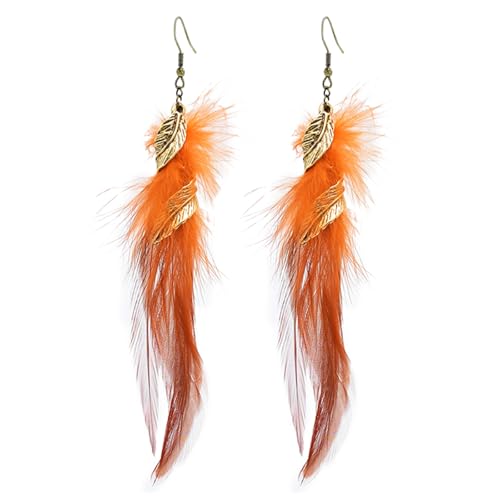 Bohemian Handmade Natural Long Feather Dangle Earrings for Women Multicolor Tassel Feathers Dangle Drop Earrings Vintage Bohemian Earrings Boho Feather Earrings - color: Orange
