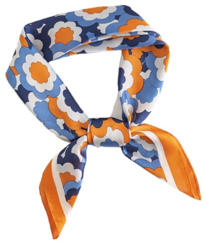 MINIDORA Satin Scarves for Women 27.5 × 27.5 inches Medium Square Elegant Silk Feeling Head Scarf - color: B005-navy Blue and Orange