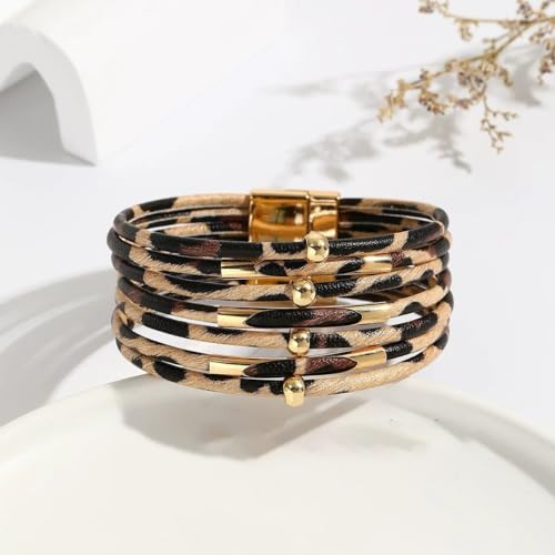 Circle Charm Leather Wrap Bracelet Bohemia Multilayer Leopard Handcrafted Layered Cuff Boho Multi-Chain Bracelet for Women Teen Holiday Jewelry - color: Style C