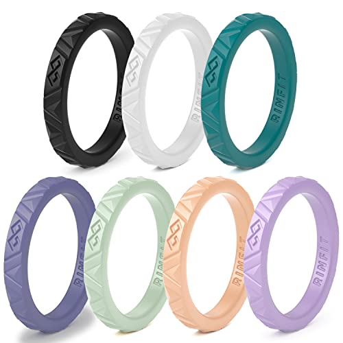 Rinfit Silicone Wedding Ring Sets - Soft, Stackable & Thin Silicone Rings for Her - Womens Rubber Wedding Rings - color: SetI - Green, Peach, Purple, Gray Purple, White, Ocean, Black, size: 4