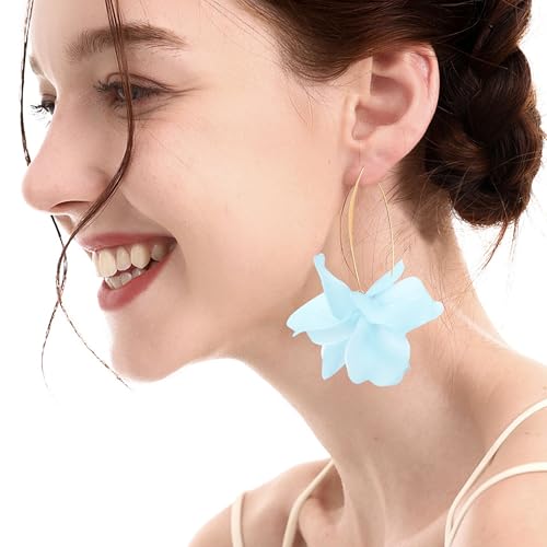 Exaggerated Bohemian Resin Rose Flower Petal Dangle Drop Earrings Long Acrylic Tiered Floral Tassel Earring for Women - color: Light Blue