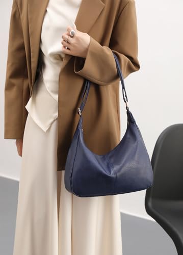 Hobo Bags for Women Foldable Vegan Leather Shoulder Handbag Slouchy Tote Crossbody Purses - color: Dark Blue