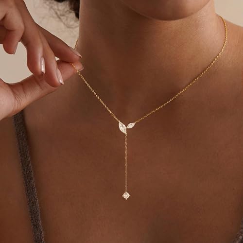 Gold Necklace for Women - Dainty Long Lariat Necklace 14K Gold Plated Clover Star Teardrop CZ Y Shaped Drop Necklaces Cute Long Necklaces for Women Trendy Prom Formal Womens Jewelry - color: Gold-PJ Drop